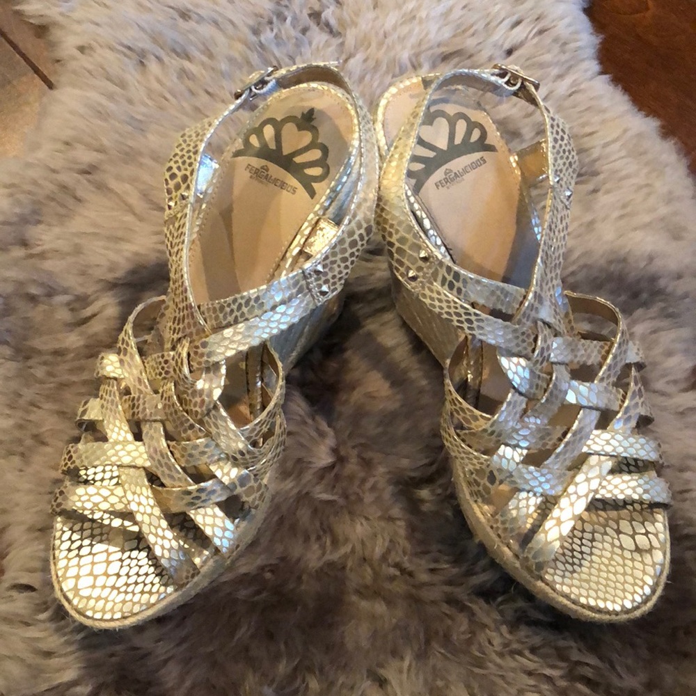 Fergalicious Gold Strappy Wedges